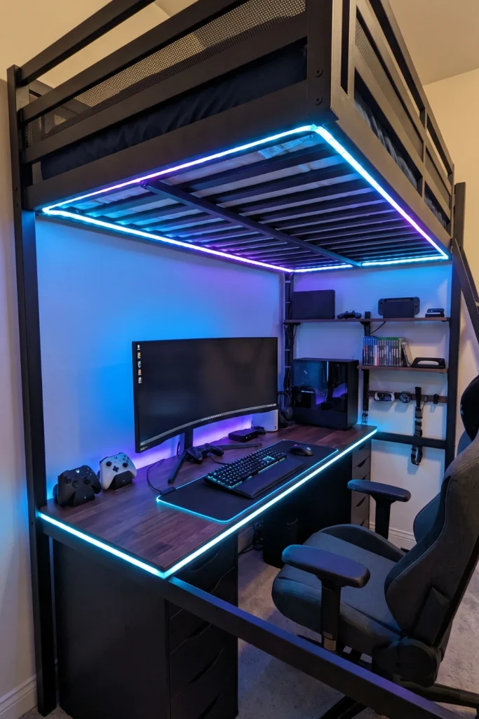 Loft Bed with Integrated LED Gaming Desk Setup