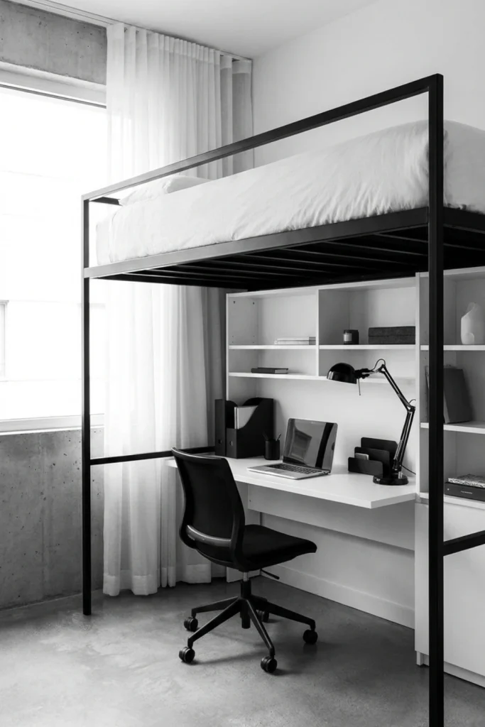 Minimal Black & White Loft Bed with Clean Study Zone