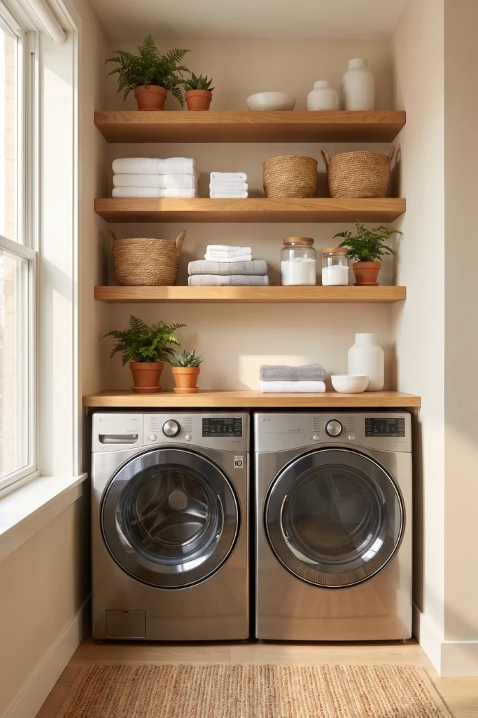 minimalist-laundry-nook-with-floating-wooden-shelves