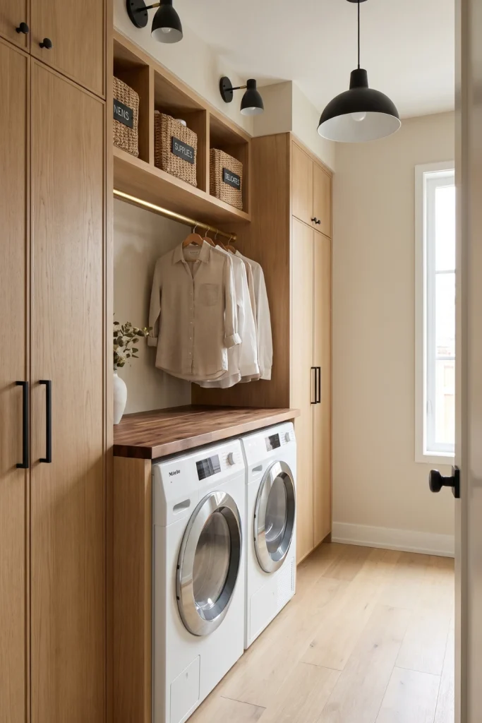 Narrow Laundry Room With Vertical Storage Wall