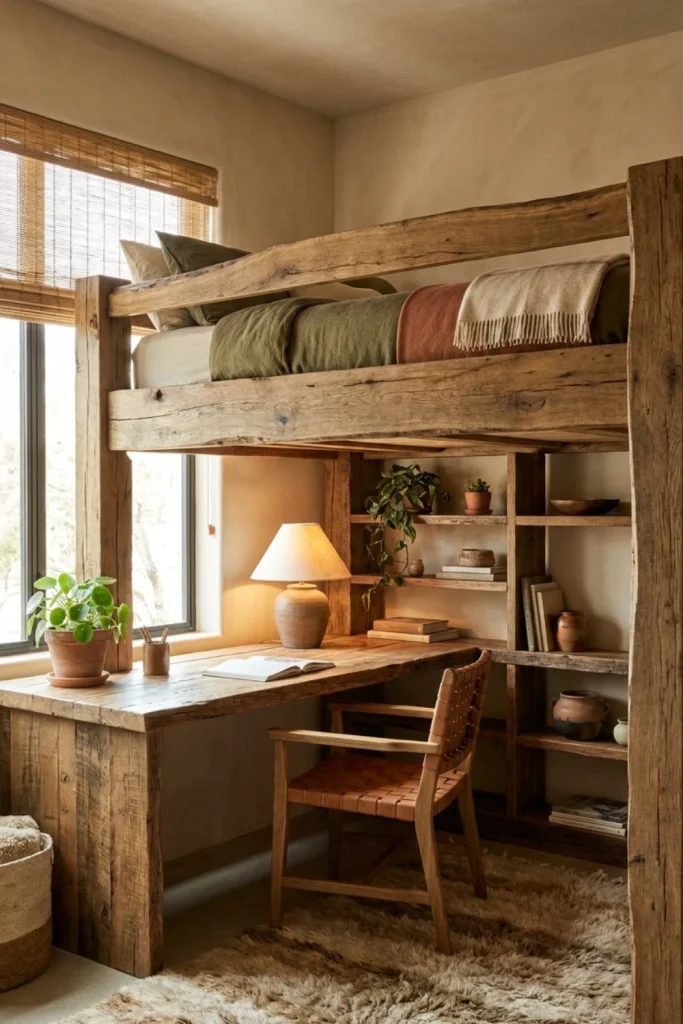Natural Wood Loft Bed with Earth-Tone Study Workspace