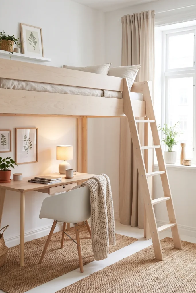 Scandinavian Light Wood Loft Bed with Cozy Desk Setup