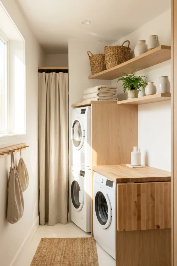 Scandinavian Mini Laundry Room With Light Wood Accents