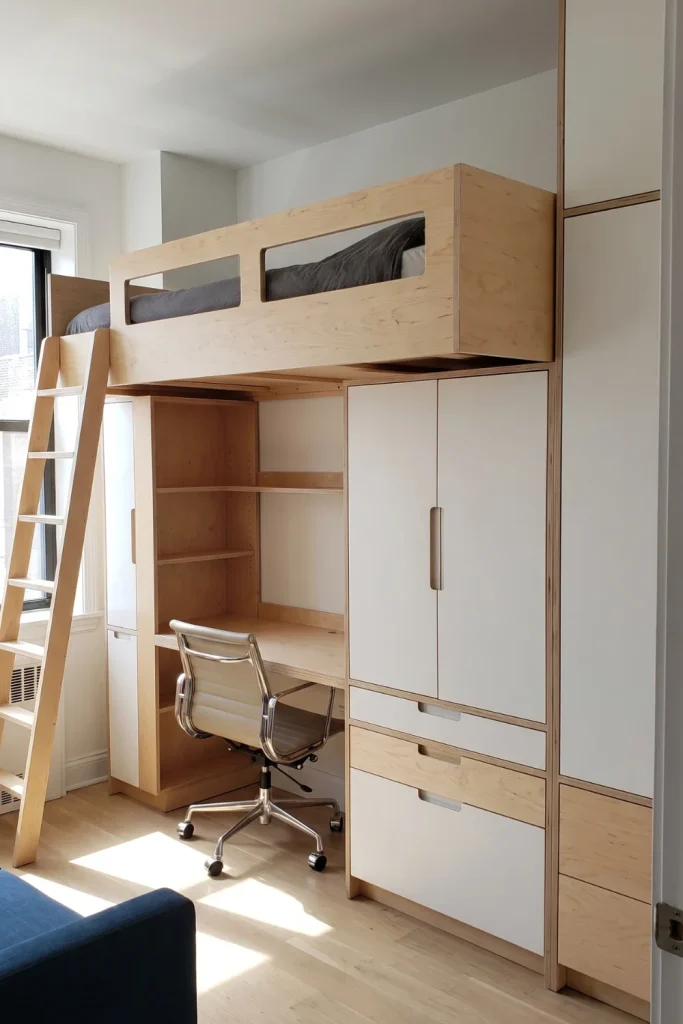 Small Apartment Loft Bed with Built-in Desk and Storage Wall
