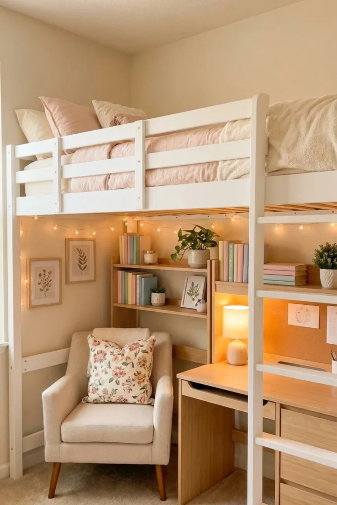 Soft Pastel Loft Bed with Feminine Study Aesthetic