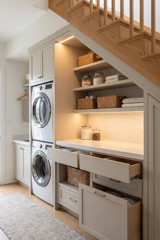 Under-Stair Mini Laundry Station With Custom Cabinets