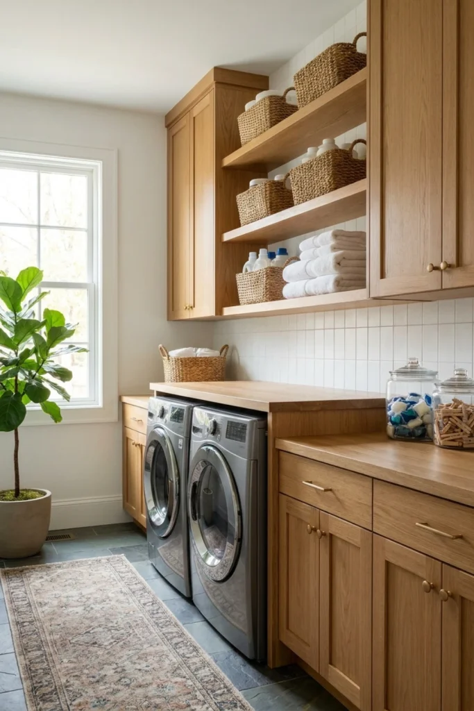 Warm Wood Cabinets with Open Shelving