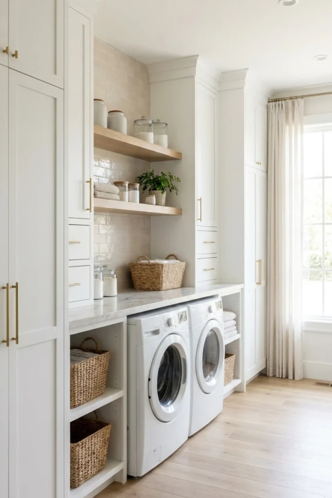 White Laundry Room Cabinets With Minimalist Style